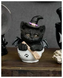 Schwarzes Hexen Kätzchen Mit Hexenbesen In Teetasse -Halloween Tischdekoration Verkäufe schwarzes hexen kaetzchen in teetasse blck witch cat in tea cup halloween tichsdeko halloween figur 50723 06